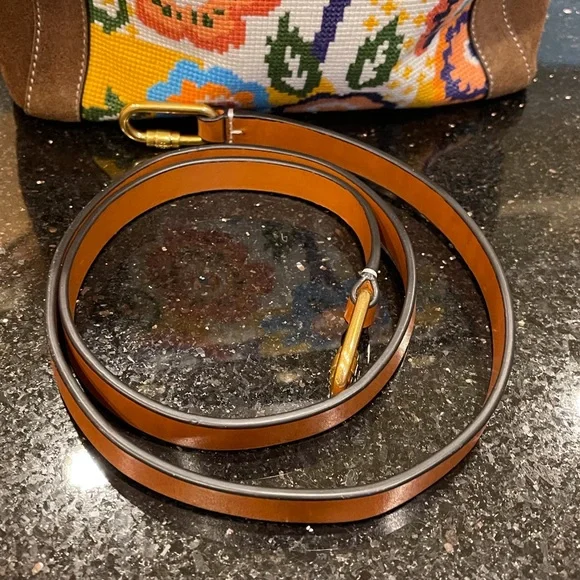 TORY BURCH COLORFUL NEEDLEPOINT & BROWN SUEDE BERMUDA HANDBAG DETACHABLE STRAP - Picture 4 of 16